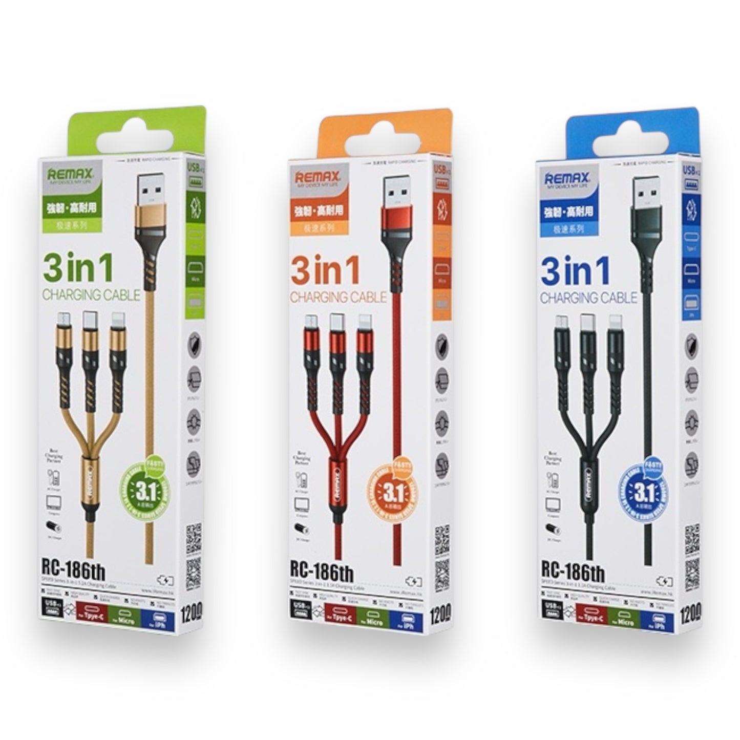 Cable 3 en 1 USB-A a USB-C / MICRO-USB / LIGHTNING - TRENZADO REMAX RC-186th