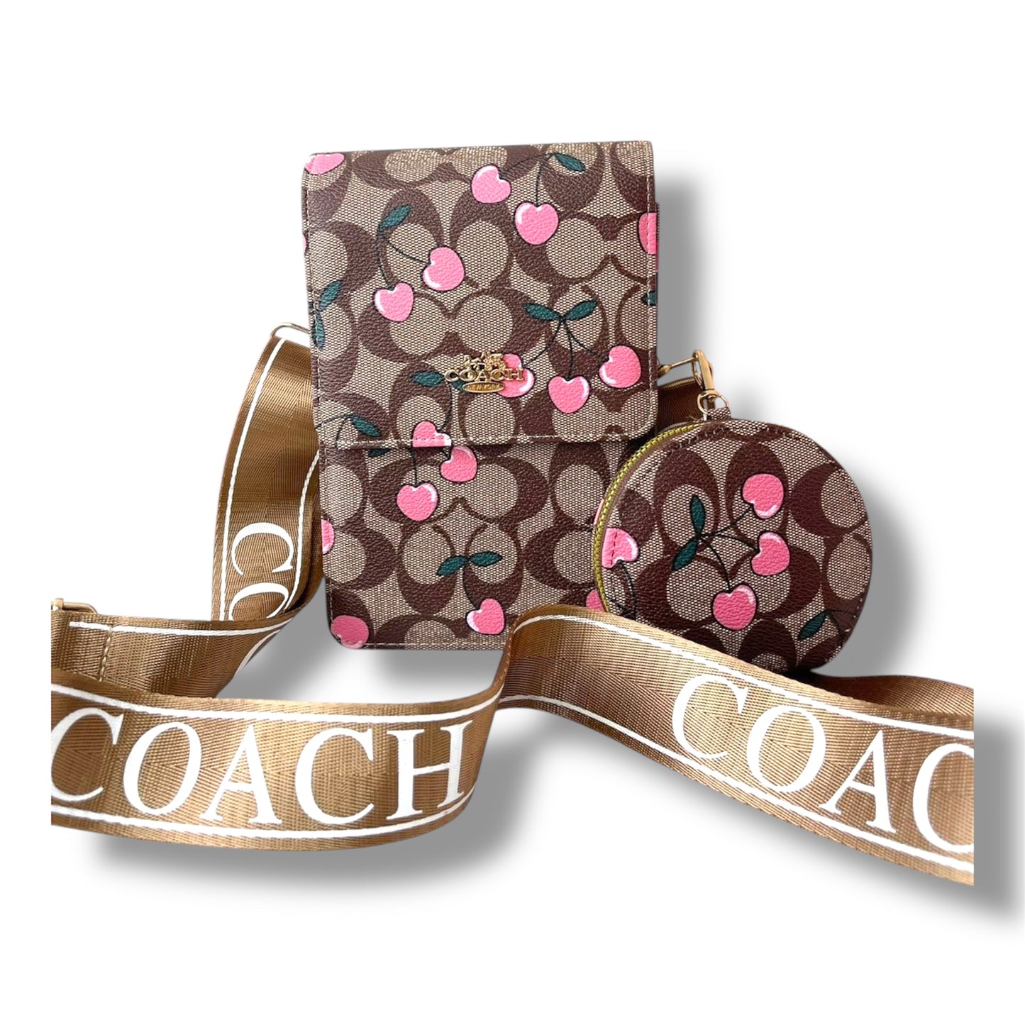MANOS LIBRE ESTILO COACH CON DISEÑO DE CEREZAS - CAFÉ