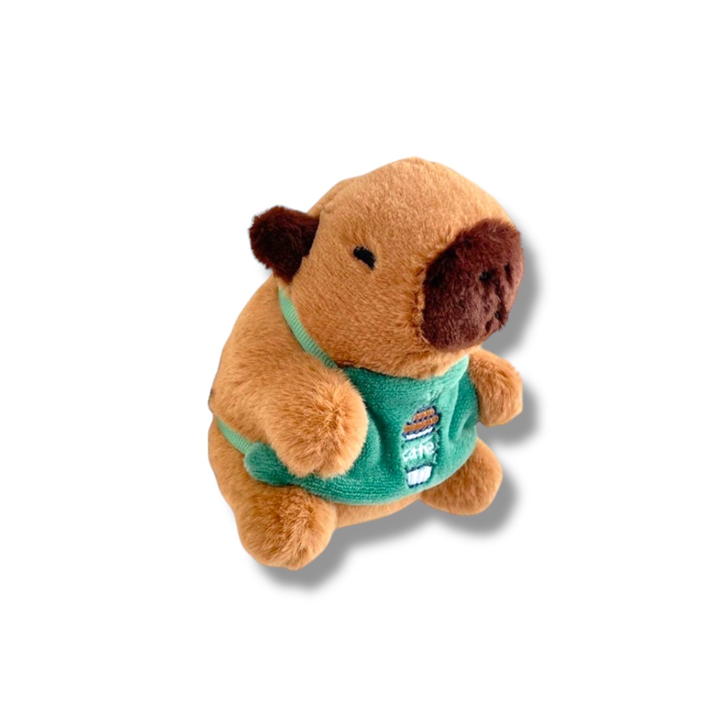 Llavero apeluchado de capybara con camisa de estampado de café de 12cm.