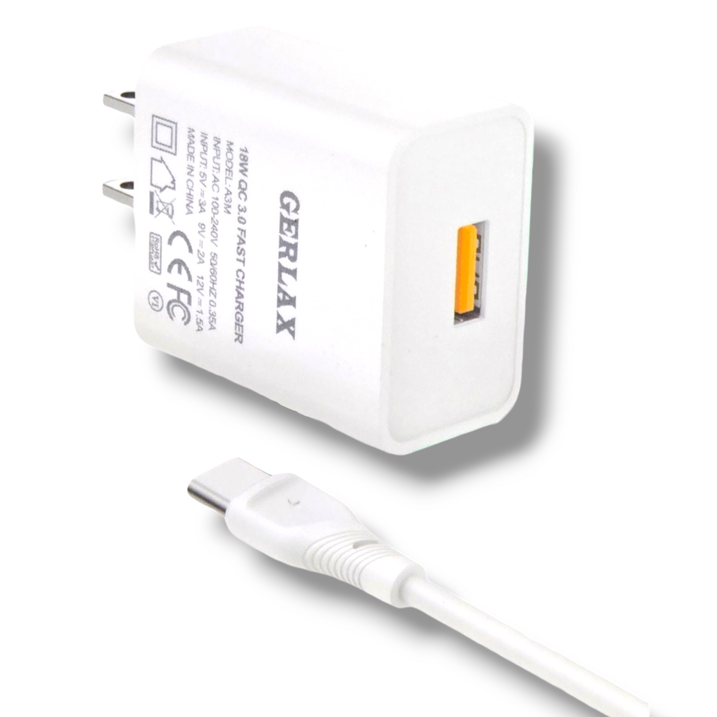 Cargador 18W QC 3.0 con cable USB-C - GERLAX A3MT
