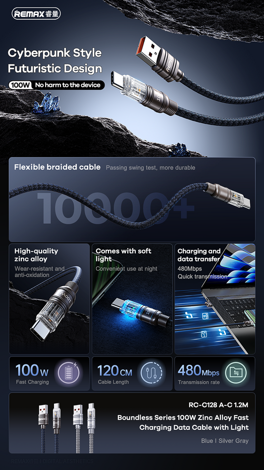 CABLE 100W USB-A A USB-C 1.2M TRENZADO - REMAX RC-C128 SERIES BOUNDLESS