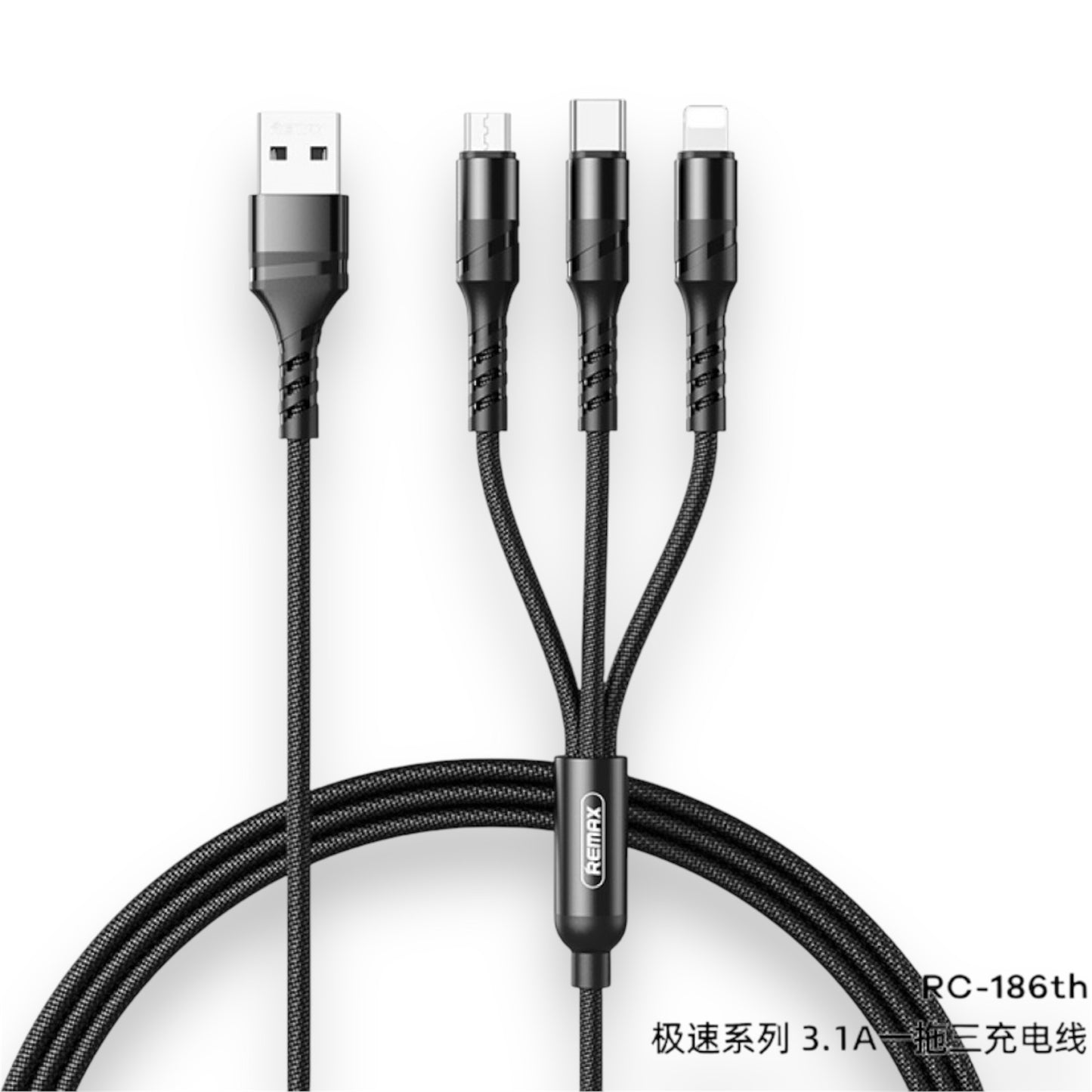 Cable 3 en 1 USB-A a USB-C / MICRO-USB / LIGHTNING - TRENZADO REMAX RC-186th