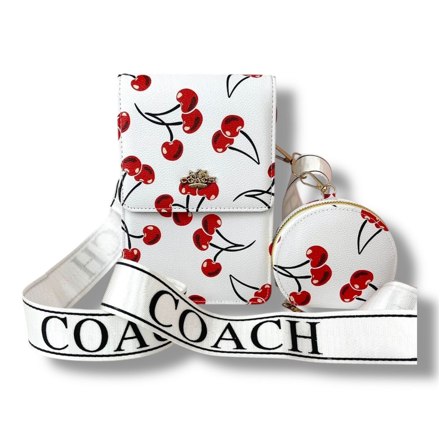 MANOS LIBRE ESTILO COACH CON DISEÑO DE CEREZAS - BLANCO