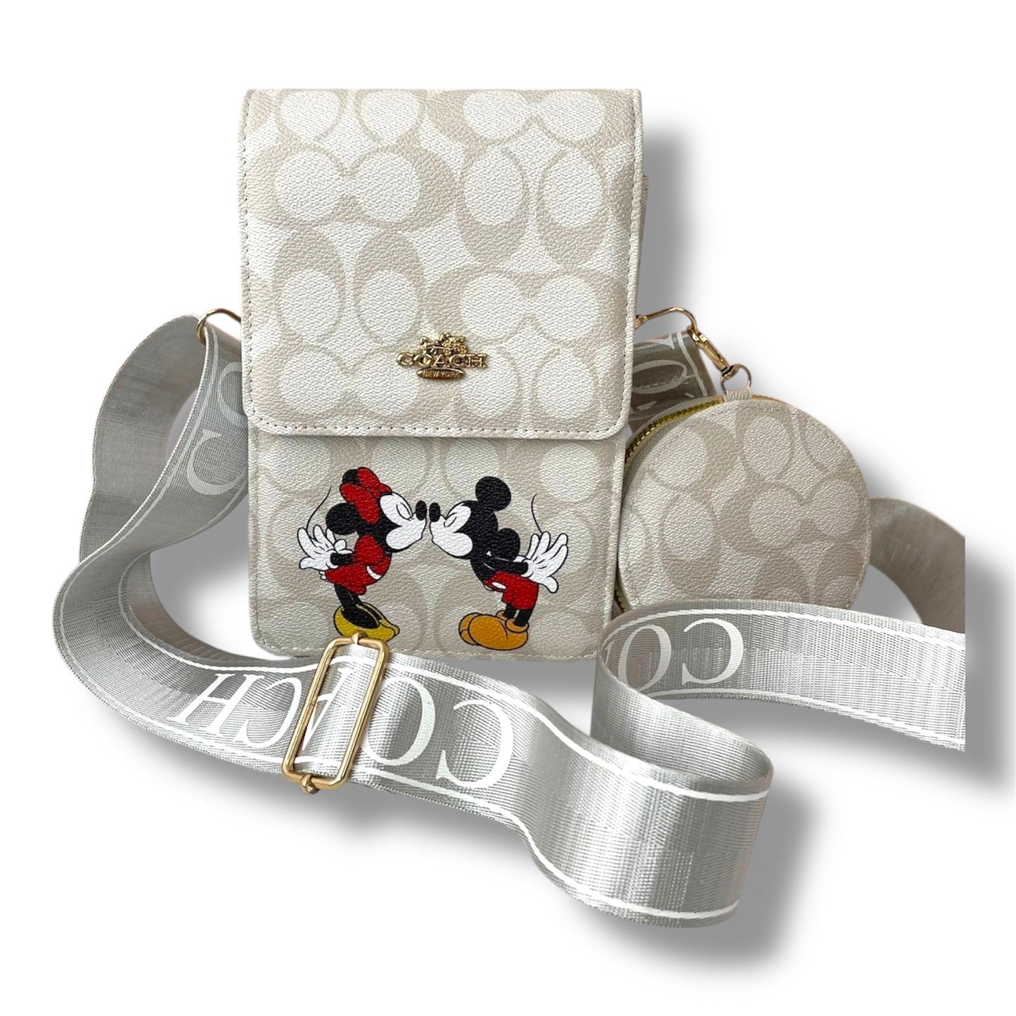 MANOS LIBRE ESTILO COACH CON DISEÑO DE MINNIE MOUSE Y MICKEY MOUSE