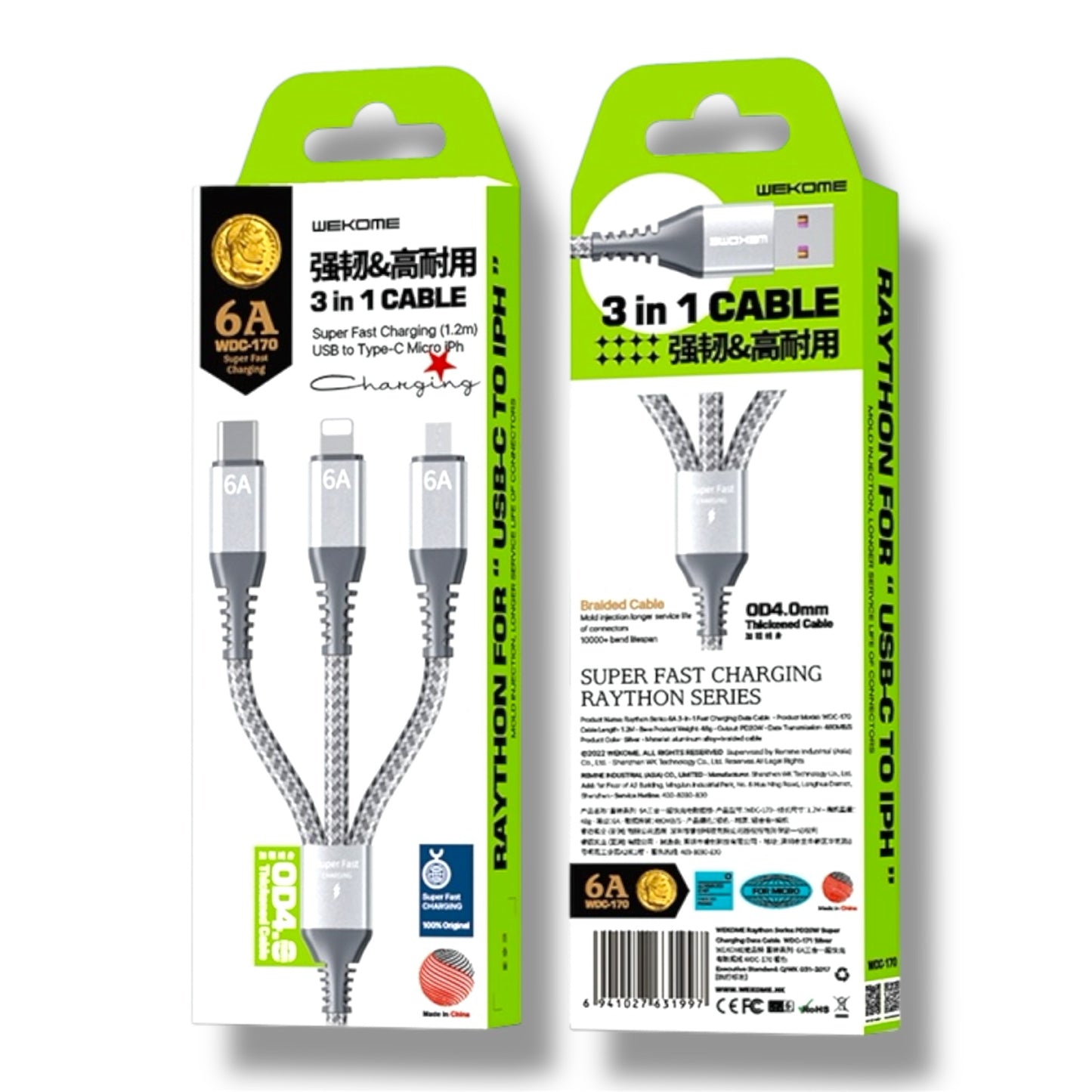 Cable 3 en 1 USB-A a USB-C / MICRO-USB / LIGHTNING 6A 1.2M - TRENZADO WEKOME WDC-170