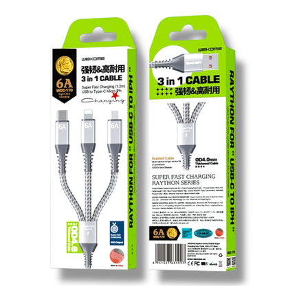 Cable 3 en 1 USB-A a USB-C / MICRO-USB / LIGHTNING 6A 1.2M - TRENZADO WEKOME WDC-170
