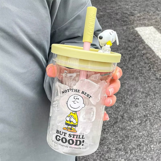 Vaso de vidrio con pajilla, con estampado de Snoopy