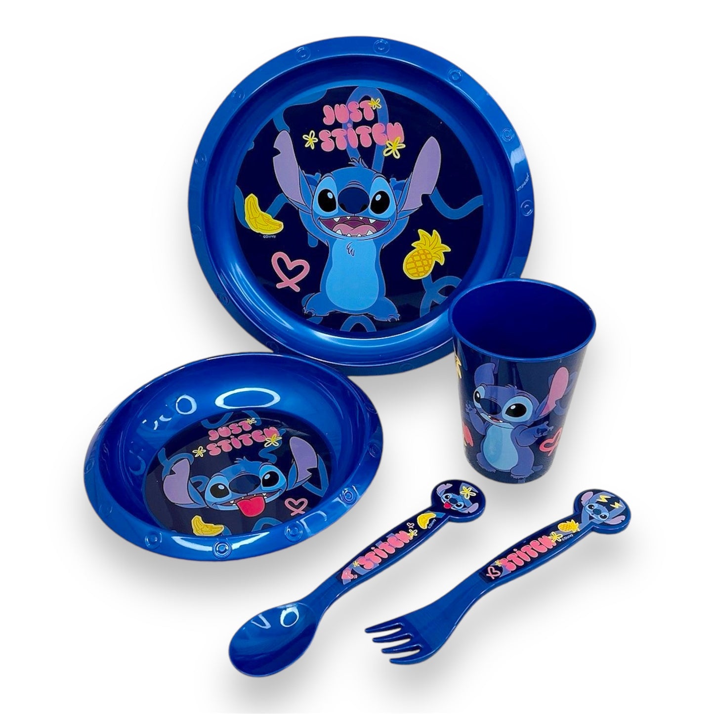 SET DE VAJILLA PLASTICA CON DISEÑO DE STITCH