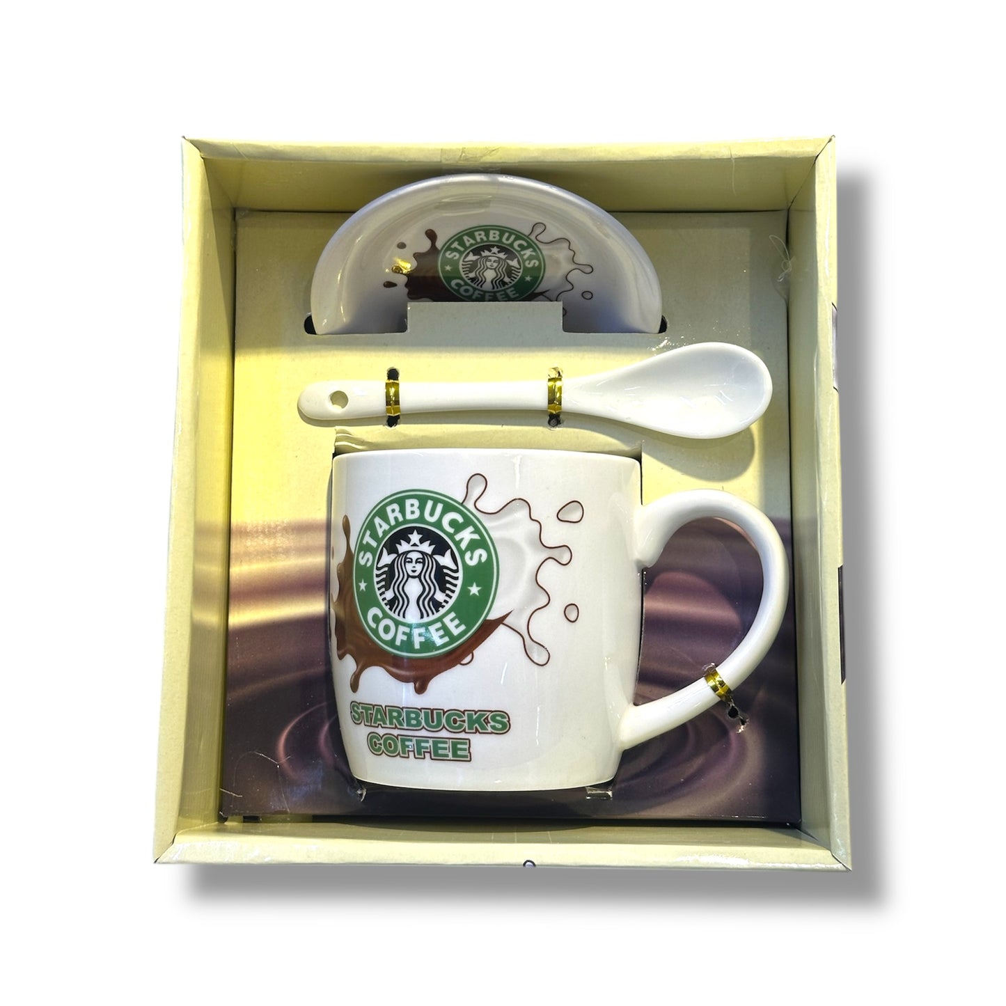 Set de taza de cerámica, cuchara y plato, del logo de Starbucks
