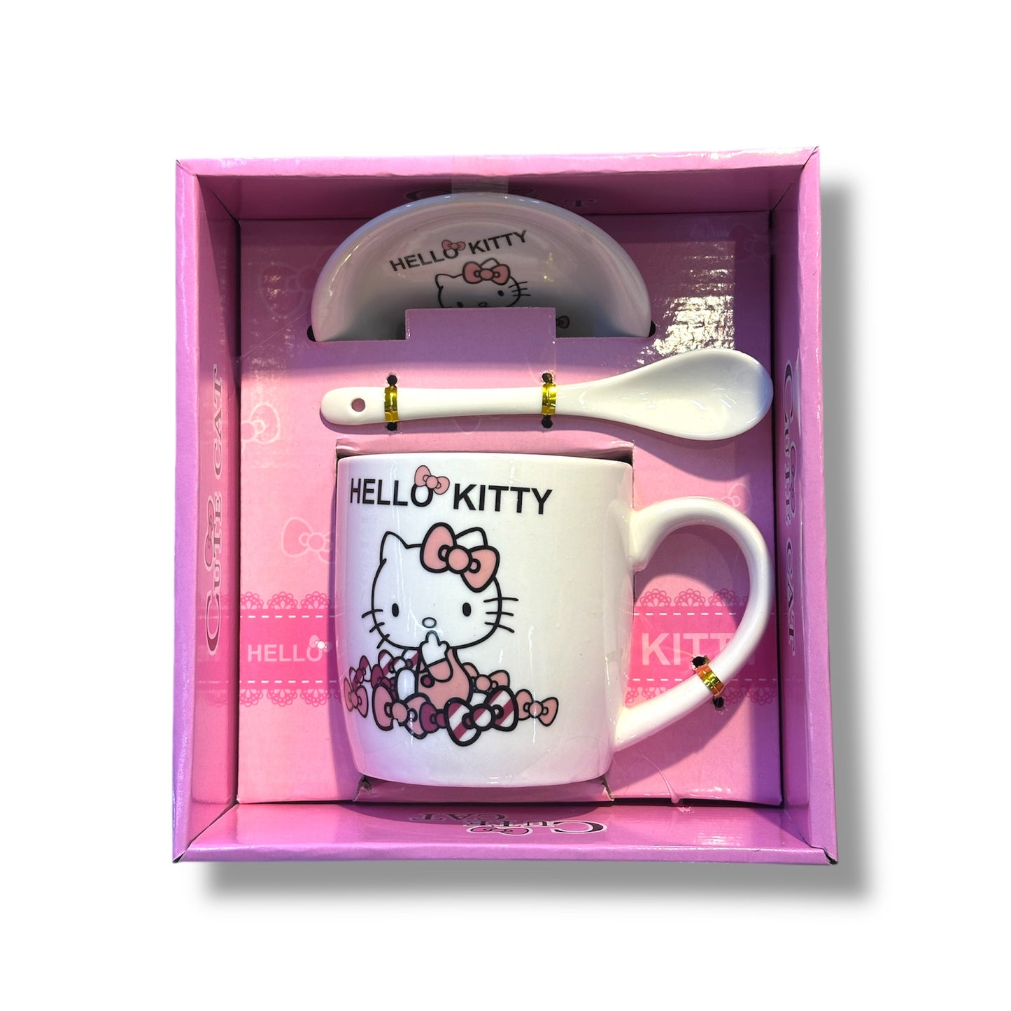 Set de taza de cerámica, cuchara y plato con diseño de Hello Kitty
