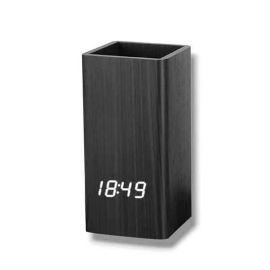 RELOJ ORGANIZADOR DE LÁPICES DIGITAL CON ACABADO EN MADERA NEGRO - MY-025