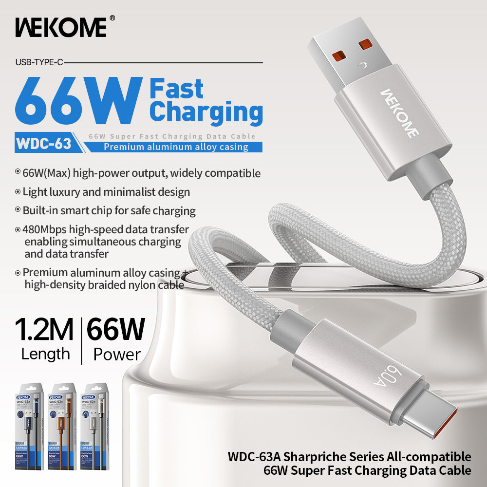 CABLE 66W USB-A A USB-C 1.2M 6A TRENZADO - WEKOME SERIES SHARPRICHE WDC-63a