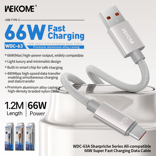 CABLE 66W USB-A A USB-C 1.2M 6A TRENZADO - WEKOME SERIES SHARPRICHE WDC-63a