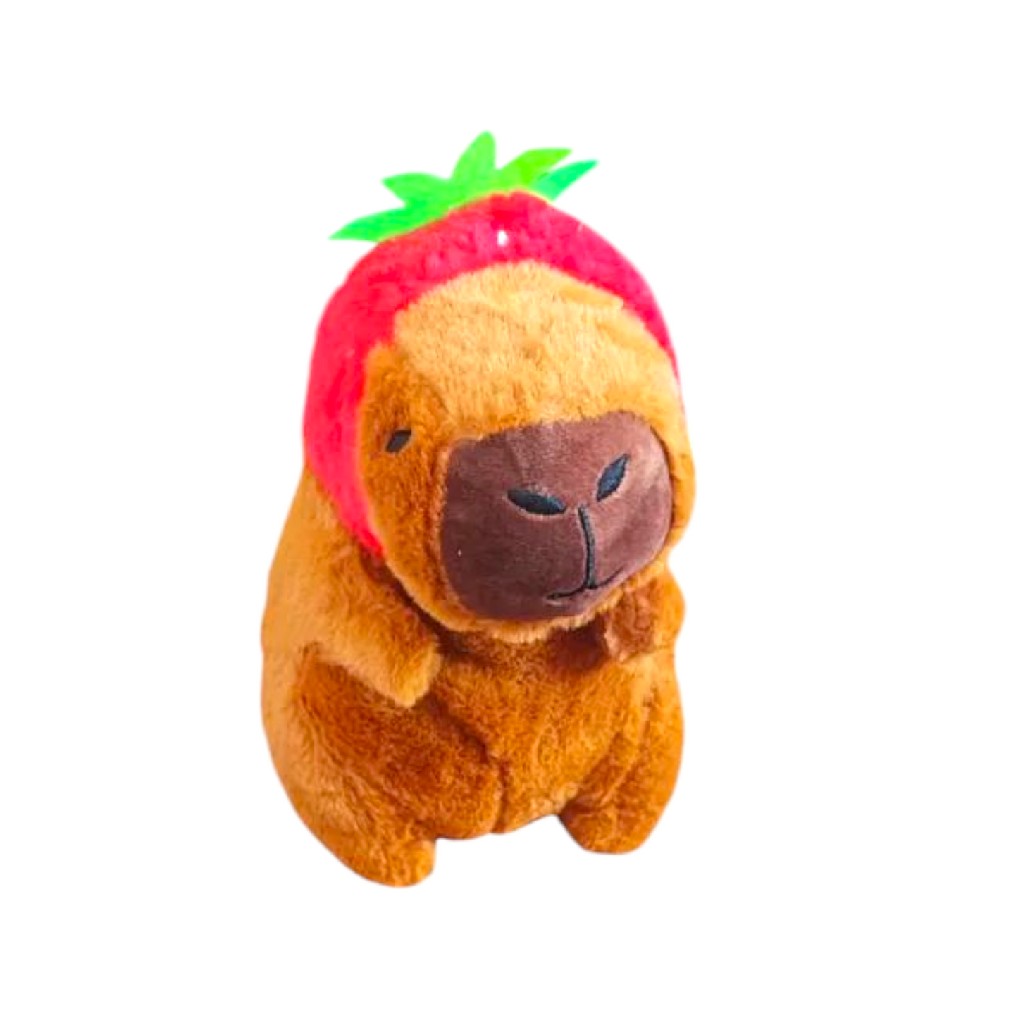 llavero apeluchado  de capybara con gorrito de fresa de 12cm